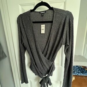 Express Gray Ribbed Wrap Top